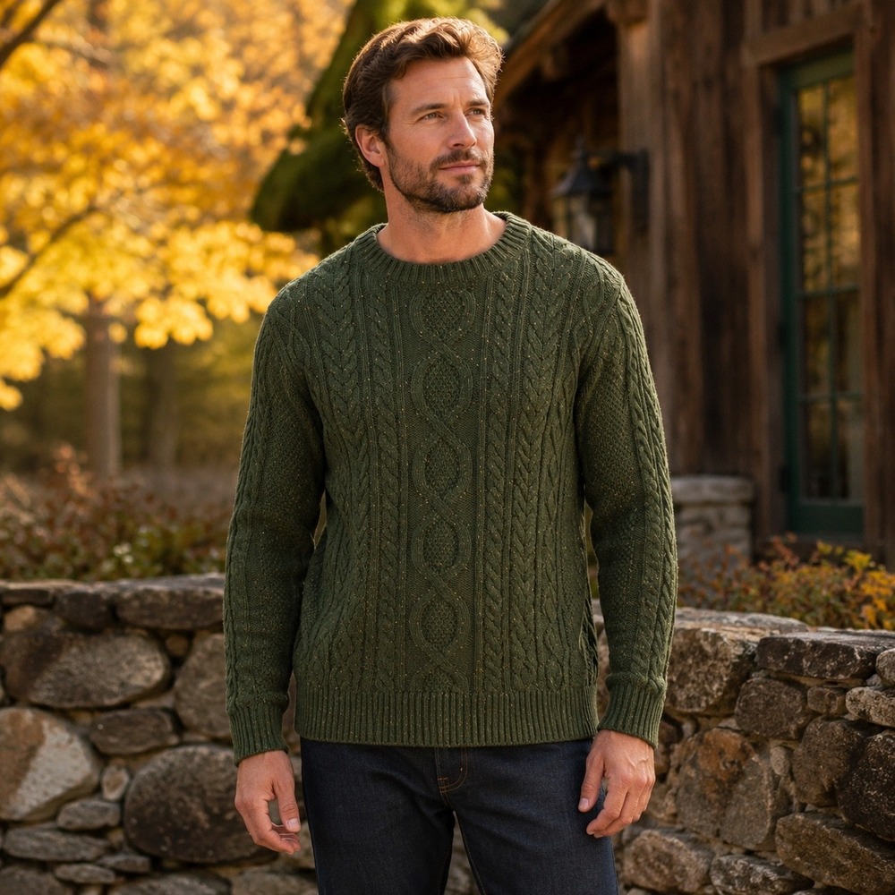 LL Bean Mens Green Rust Cable Knit Organic Cotton Crewneck Sweater L Tall 515583